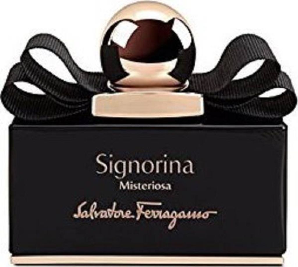 A black bottle of Salvatore Ferragamo Signorina Misteriosa perfume with gold accents and a black ribbon.