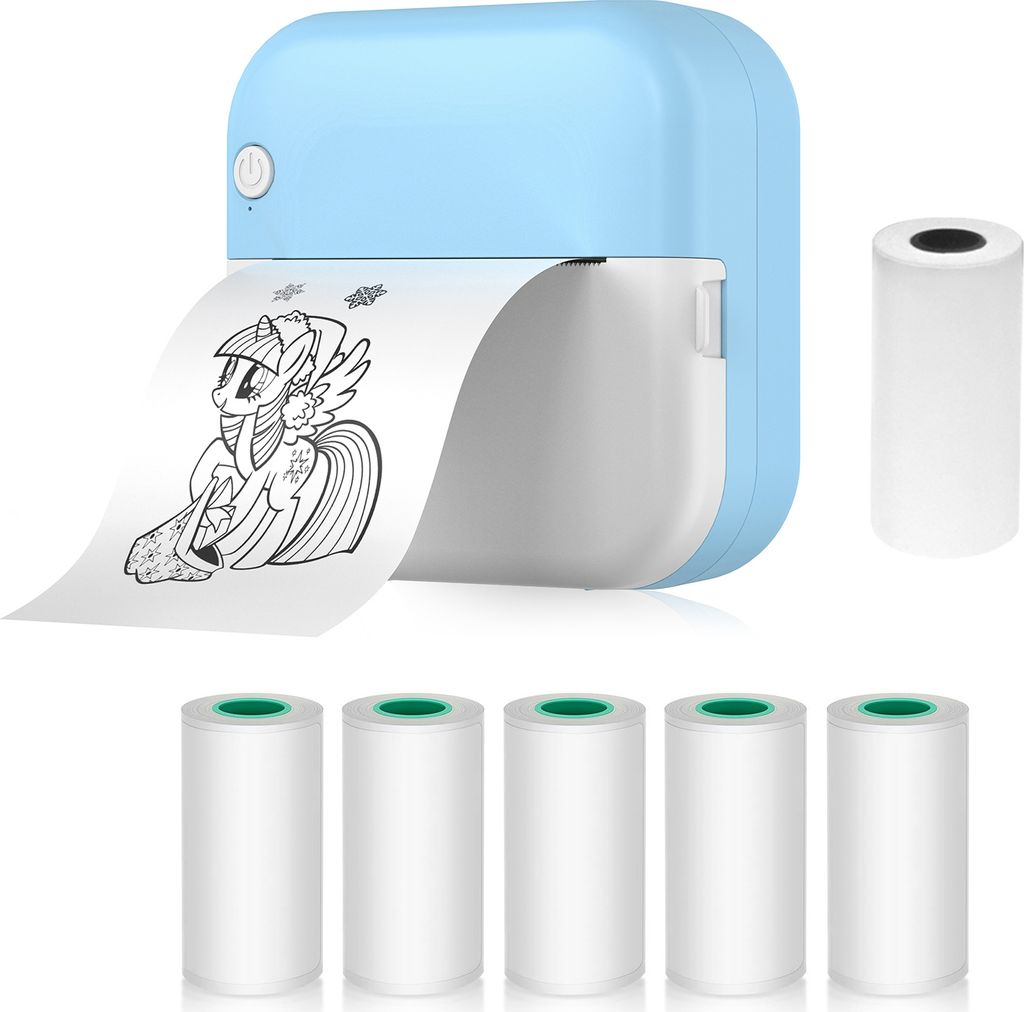 Mini-Drucker, Thermodrucker, Bluetooth Fotodrucker fuer Smartphone mit 1 Papierrolle 57 mm + 5 selbstklebende Papierrollen,kompatibel mit iOS Andro...