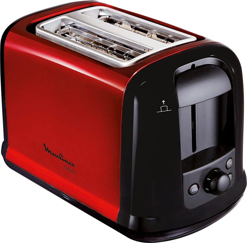 A red and black Moulinex toaster.