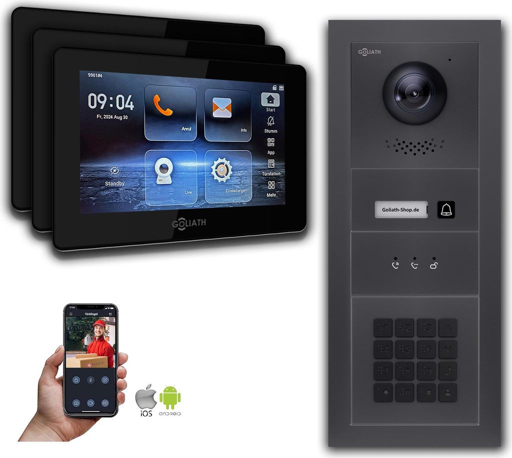 Goliath IP Video Türsprechanlage mit Kamera 7-Zoll Zahlencode Anzeige Anthrazit : Aufputzdose : 7 Zoll in Schwarz : 3 Monitore Anzahl: 3 Monitore ...