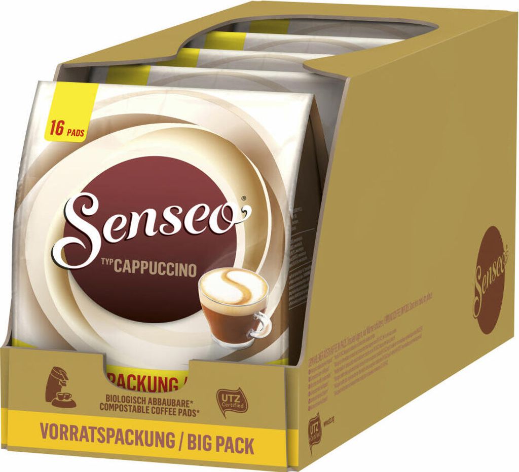 A cardboard box containing Senseo Cappuccino coffee pods.