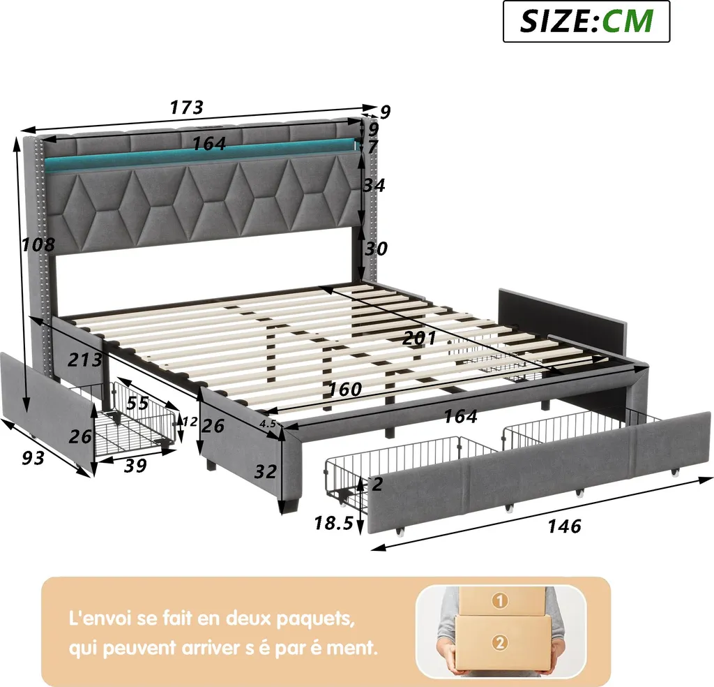 Lit 160x200 cm : Solution gain de place avec 4 tiroirs et LED intégrées - 6