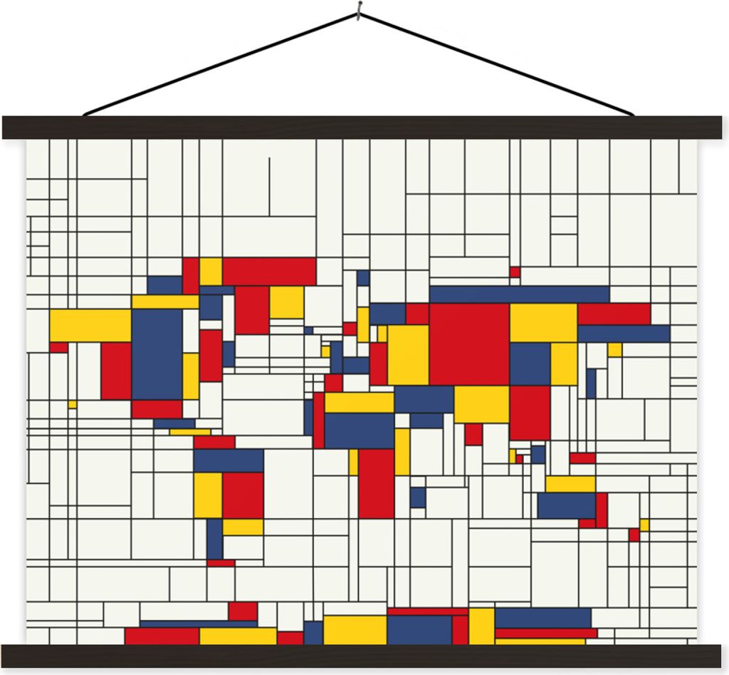 MuchoWow Textilposter Weltkarte - Mondrian - Farben 120x90 cm mit schwarzem Rahmen - Aufhänger für Poster