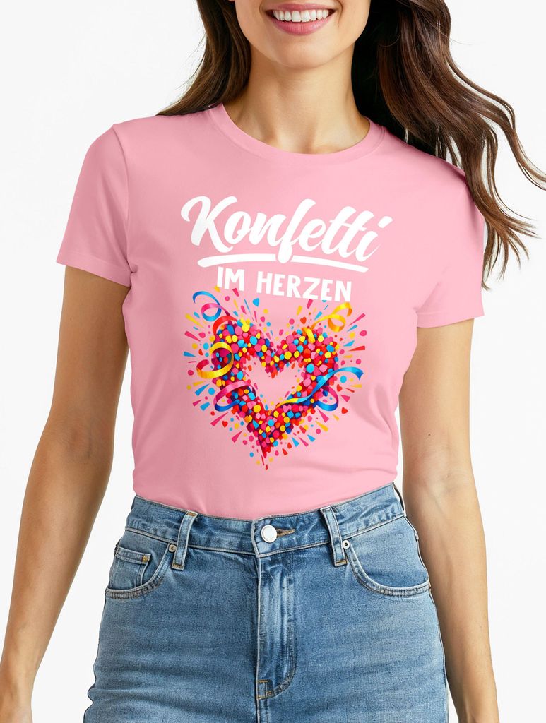 Damen T-Shirt - Spruch Konfetti im Herzen - Fasching Karneval Ersatz Verkleidung Last Minute Kostüm Funshirt Moonworks