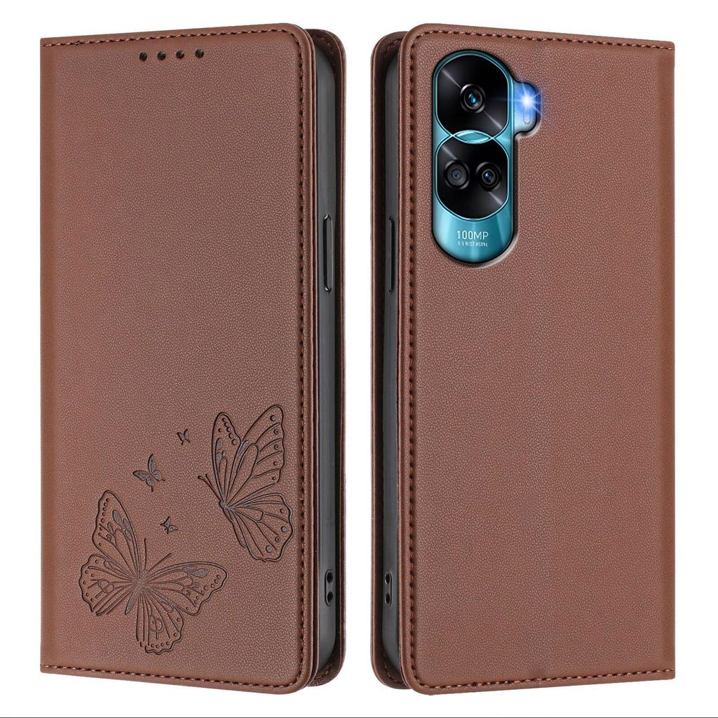 Lederhülle für Honor 90 Lite, Schmetterling Prägung Leder Brieftasche Schutzhülle mit Ständer Braun