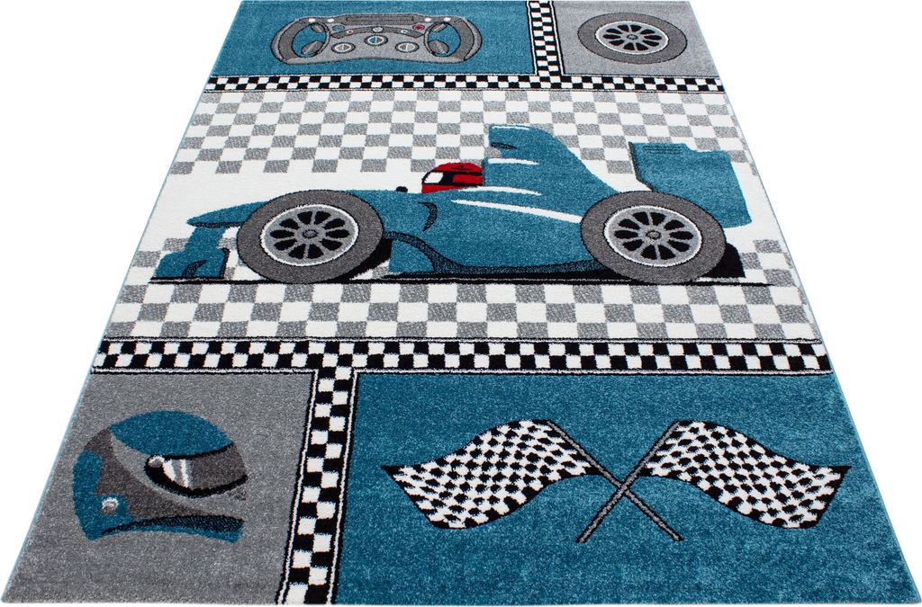 Teppich Läufer Kinderzimmer Blau 80x150 Rennwagen aus Polypropylen