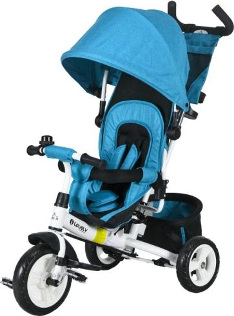 6-in-1 Dreirad mit Schubstange abnehmbarem Sonnendach 5-Punkt-Sicherheitsgurt Korb Becherhalter fuer 1-5 Jahre Kinder Blau 102x49x102 cm