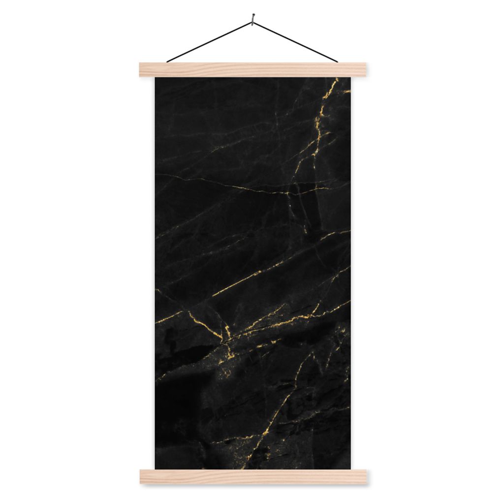 MuchoWow Textilposter Marmor - Schwarz - Gold - Chic - Marmoroptik - Design 40x80 cm mit holzfarbenen Rahmen - Wohnzimmer