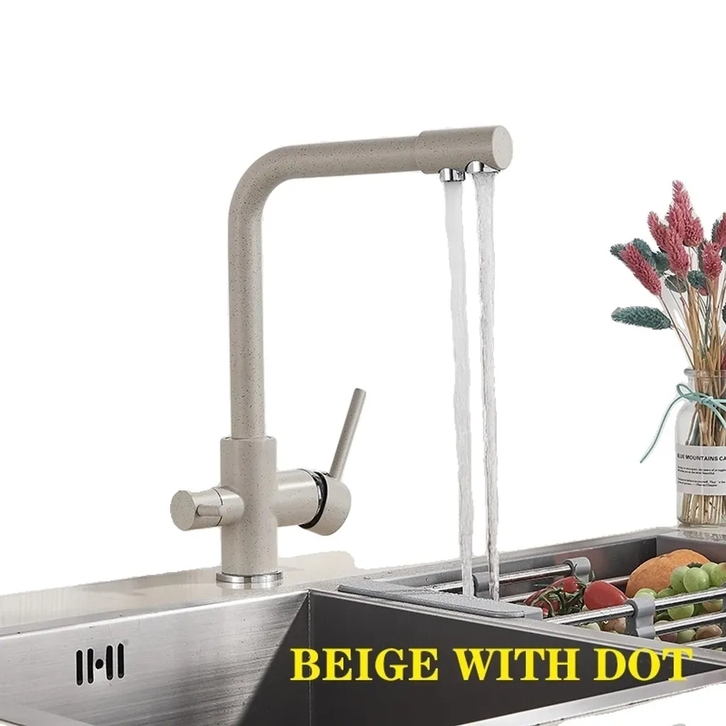 Rubinetto da cucina, design a due maniglie, materiale in ottone resistente, stile contemporaneo , Punto beige