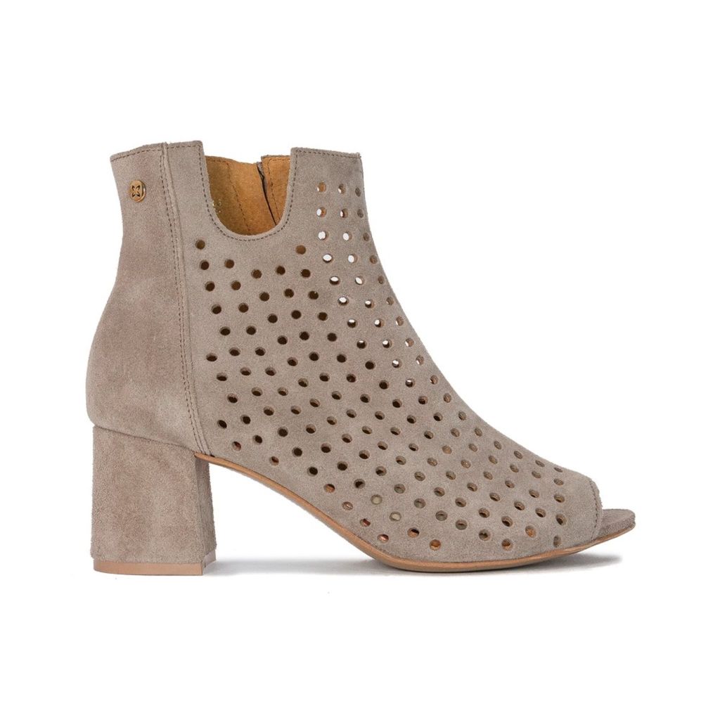 Dunkelbeige Veloursleder-Schuhe mit offener Spitze, Blockabsatz, Reißverschluss, 6 cm Absatzhöhe