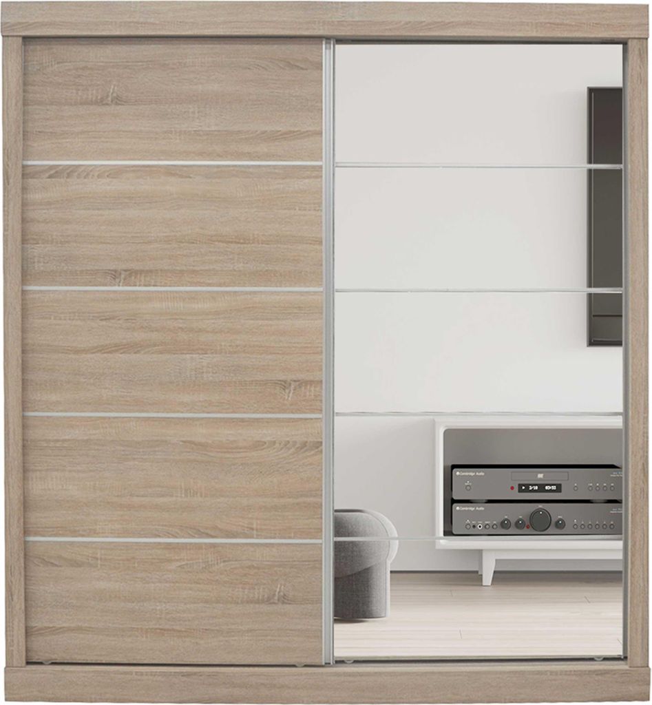 Schiebeschrank Mike mit Spiegeltür | Sonoma, Spanplatte, MDF | 197,5 x 182,5 x 52,5 cm
