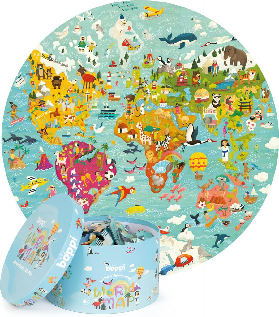 A circular world map puzzle and its round tin packaging are shown.