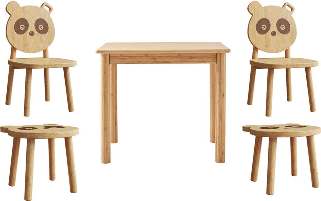 PandaKindertischset : Tisch, zwei Stühle, zwei Hocker - Bambusholz