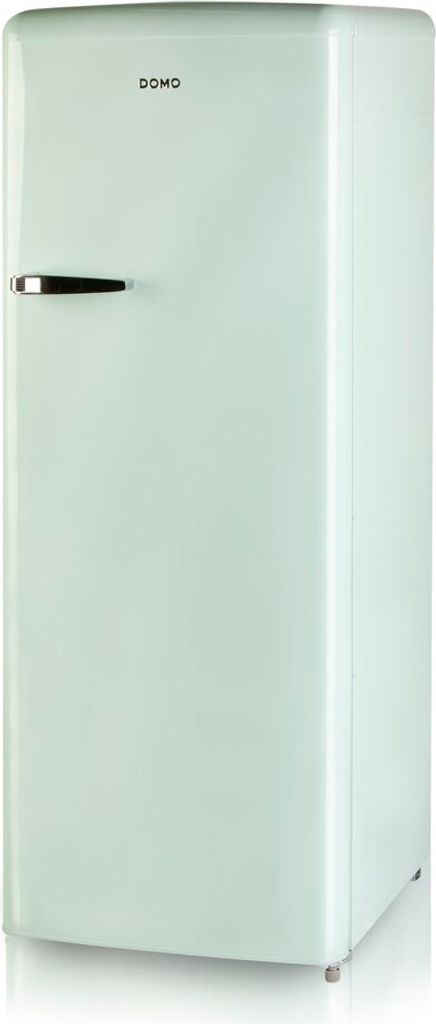 A light green retro-style refrigerator is shown against a white background.