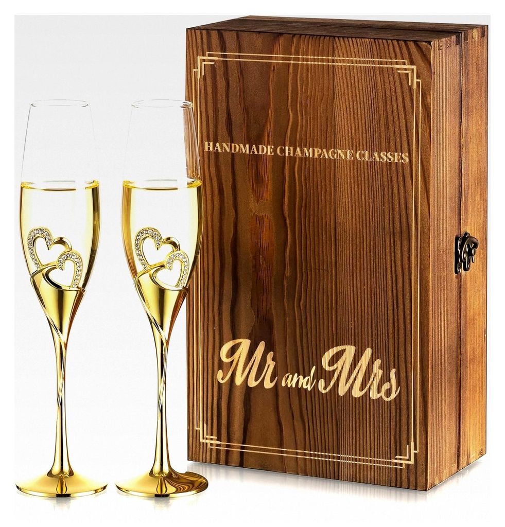 Hochzeitssektgläser für das Brautpaar in Gold: Set mit 2 Kristallgläsern in Geschenkbox aus Holz