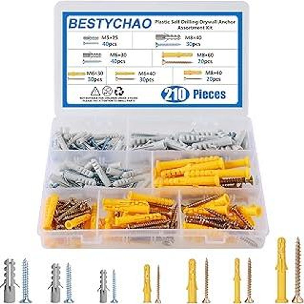 BESTYCHAO Dübel und schrauben Sortiment, 210 Stück, 7 Größen Hohlwandmit Schrauben, Gipskarton Schrauben set M5 M6 M8