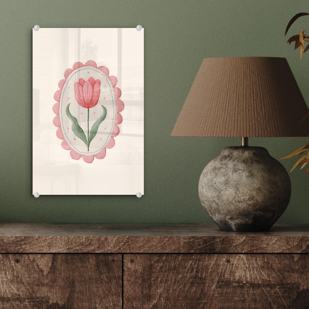 MuchoWow Glasbilder - Bilder auf Wandbild - Foto auf Glas Tulpe - Rahmen - Oval - Illustration 20x30 cm Wanddekoration aus Glas - Acrylglasbild - A...