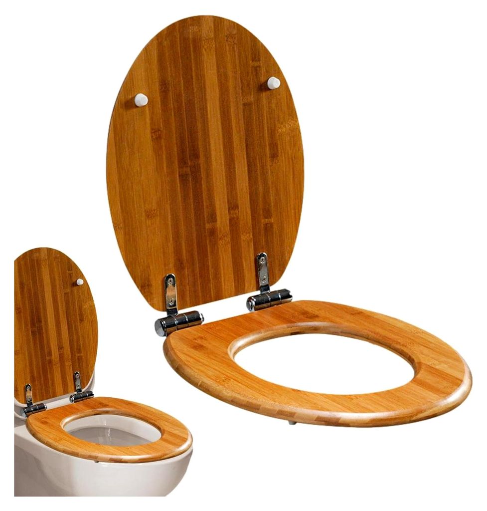 Holz-Toilettensitz, verlängert, mit weichem Bezug, Edelstahl-Scharnieren, Anti-Quetsch-Design, leicht zu reinigen, 1 Stück, Dunkelbraun, ideal f...