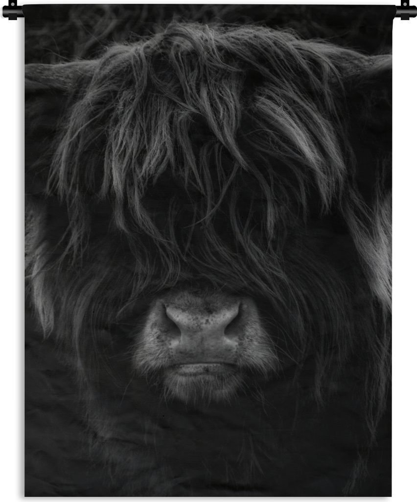 MuchoWow Wandteppich Wandbehang Schottischer Highlander - Kuh - Porträt - Tiere - Schwarz - Weiß 60x80 cm Tapisserie Dekoration Wandtuch - Deck...