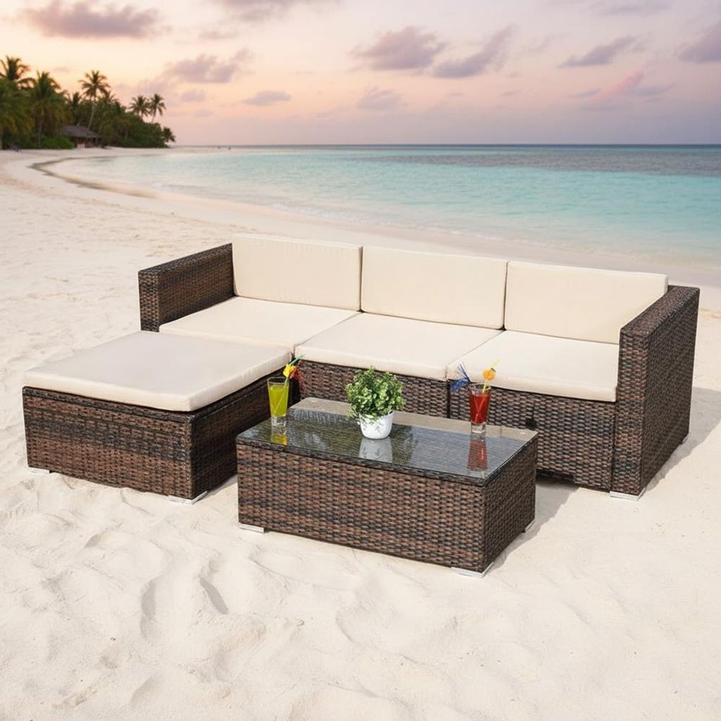 Gartenmöbel 5tlg. Sitzgruppe Sofa Lounge Polyrattan Essgarnitur Sitzkissen braun