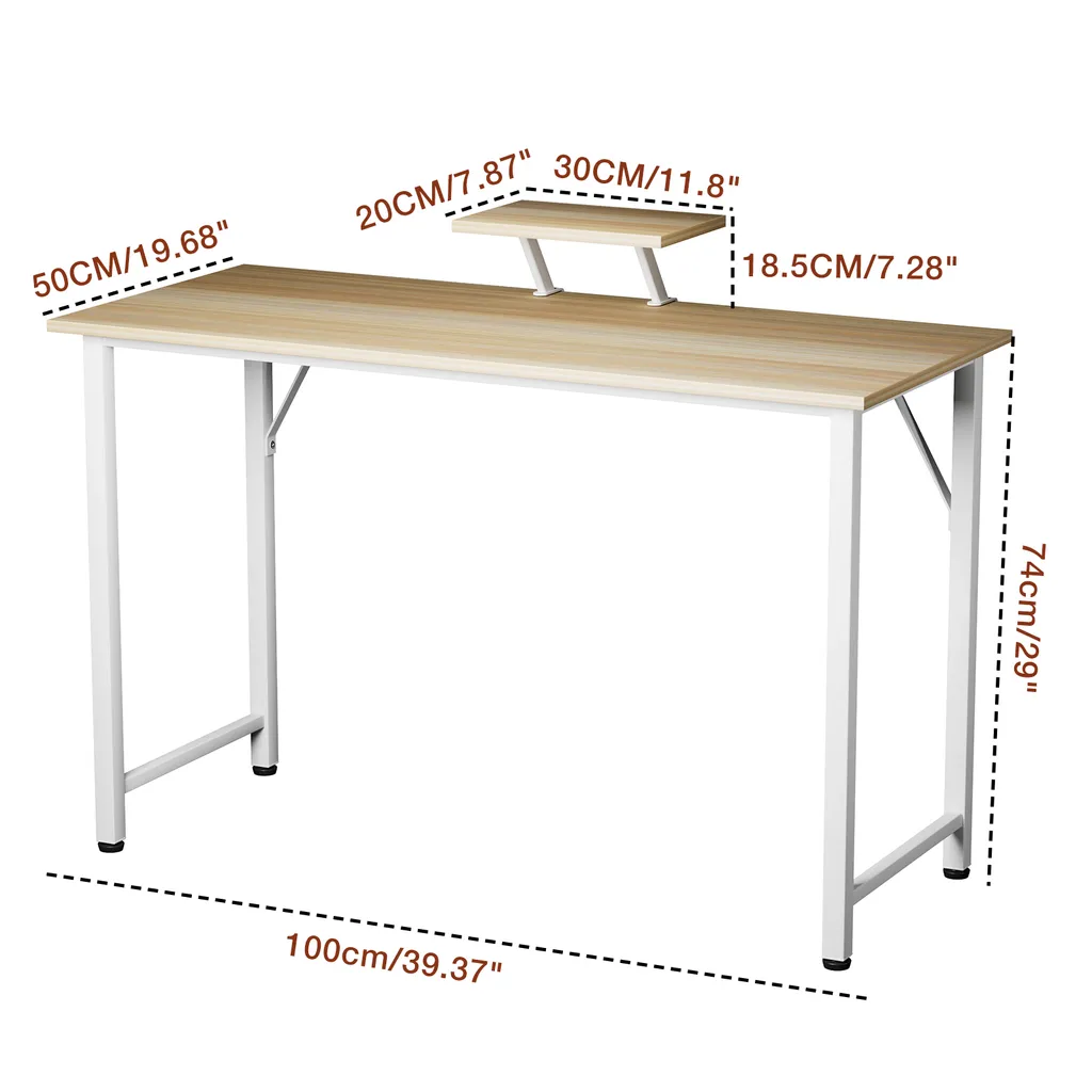 Table d'ordinateur PC en bois 100cm, petit bureau avec réhausse écran