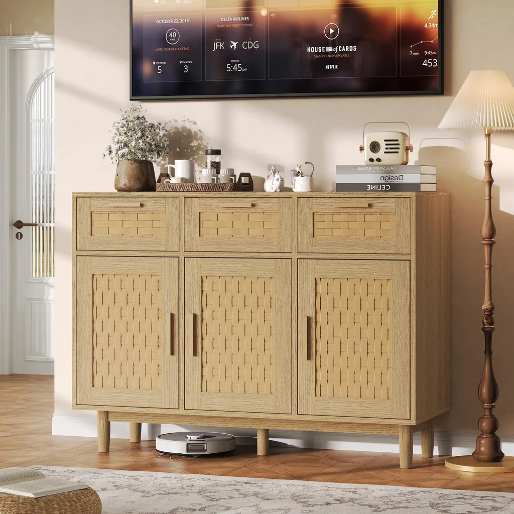 Buffet UnboxG en bois massif chêne 107,9x40x80 cm - Commode 3 tiroirs