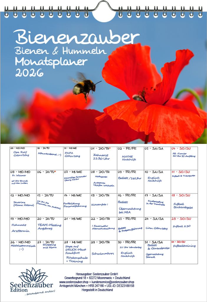 Bienenzauber Bienen und Hummeln Planer DIN A4 Kalender für 2026 - Seelenzauber