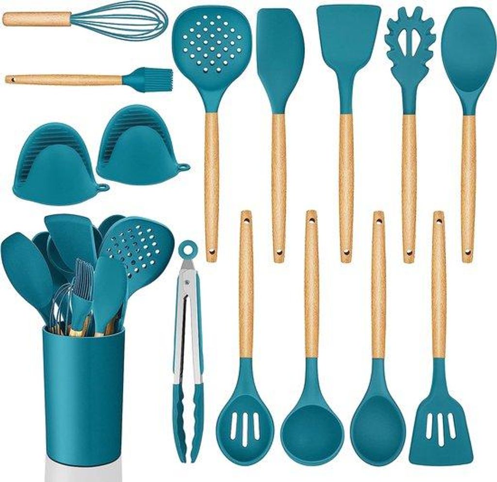Silikon-Küchenhilfe, 15-teiliges Kochgeschirrset mit Holzgriff, antihaftbeschichtetes Kochgeschirrset mit Aufbewahrungskasten, Küchengeschirr, hi...
