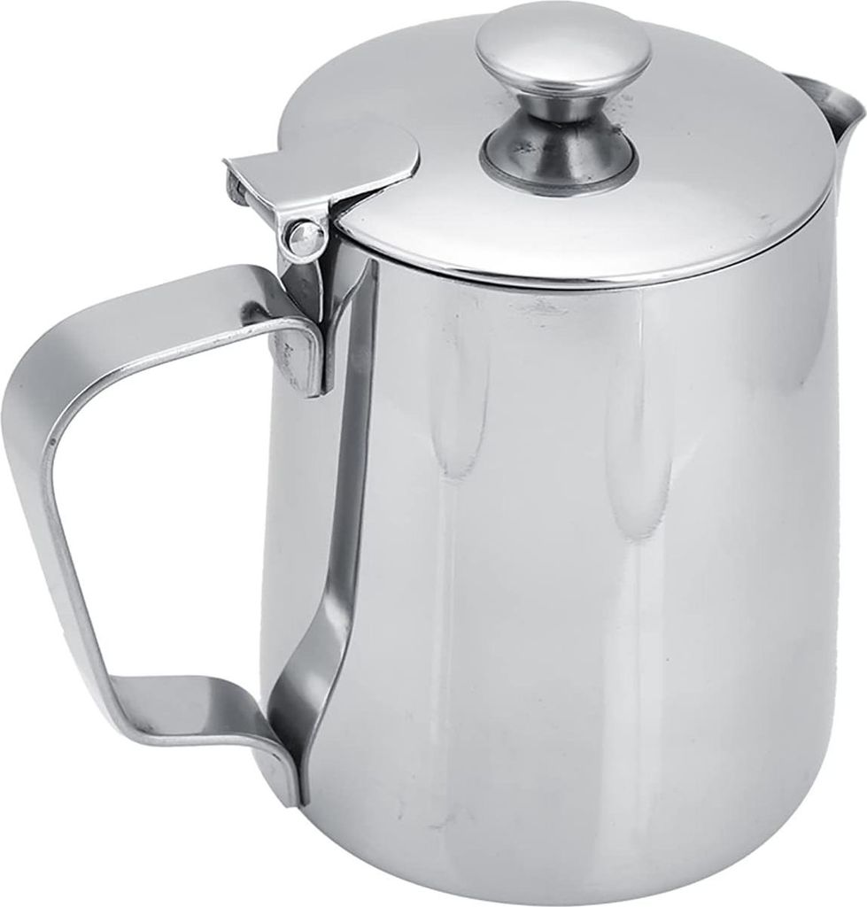 Edelstahl Kaffeetasse Milchaufschäumer mit Deckel für Latte Art - Tropffreier Ausguss für präzises Ausgießen (350ml)
