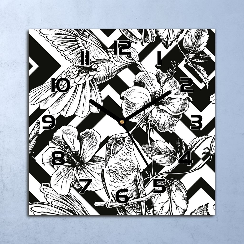 Wanduhr Echt-Glas-Küchenuhr Kolibris schwarz Quarz Lautlos 30x30 Deko Bilder