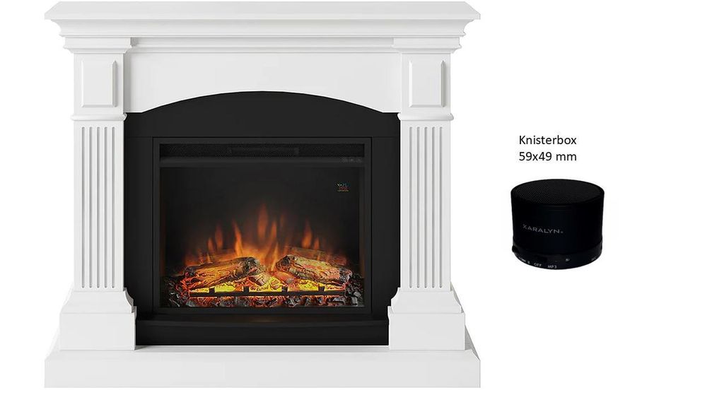A white electric fireplace with a black insert and glowing logs, shown next to a small black cylindrical object labeled 'Knisterbox'.