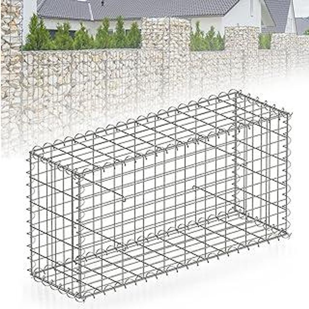 Floordirekt Gabione, Steinkorb aus Metall, 100x50x30 cm verzinkter Drahtkorb mit Maschenweite 5 x 10 cm, Steinmauer als Gartenzaun, Gabionengitter ...