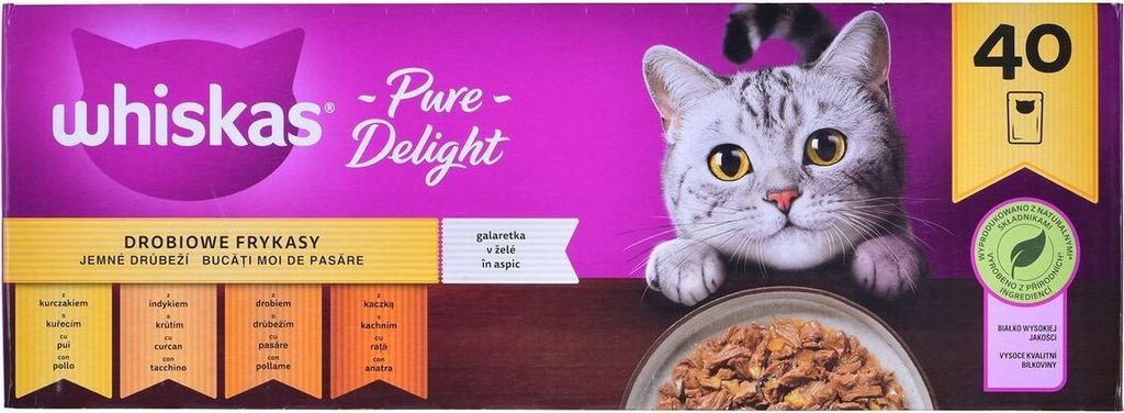 A box of Whiskas cat food with a cat illustration and product details.