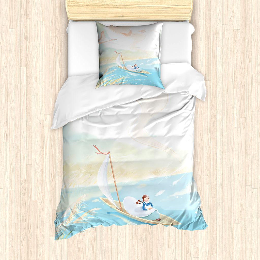 ABAKUHAUS Kindergarten Bettbezug Set für Einzelbetten, Mädchen im Boot auf See Vögel, Milbensicher Allergiker geeignet mit Kissenbezug, 135 cm x...