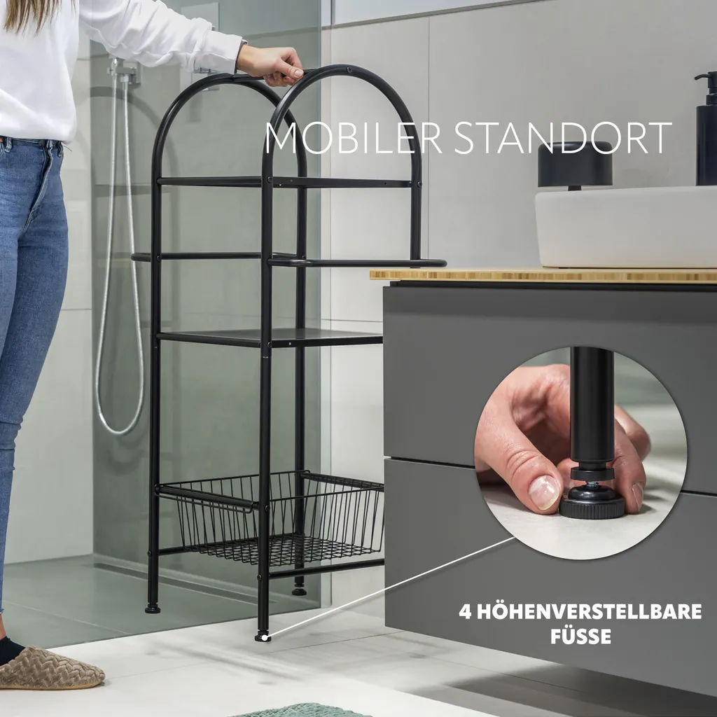 Étagère Salle de Bain 3 Étages en Métal Noir Mat, Solution Pose Libre 2en1