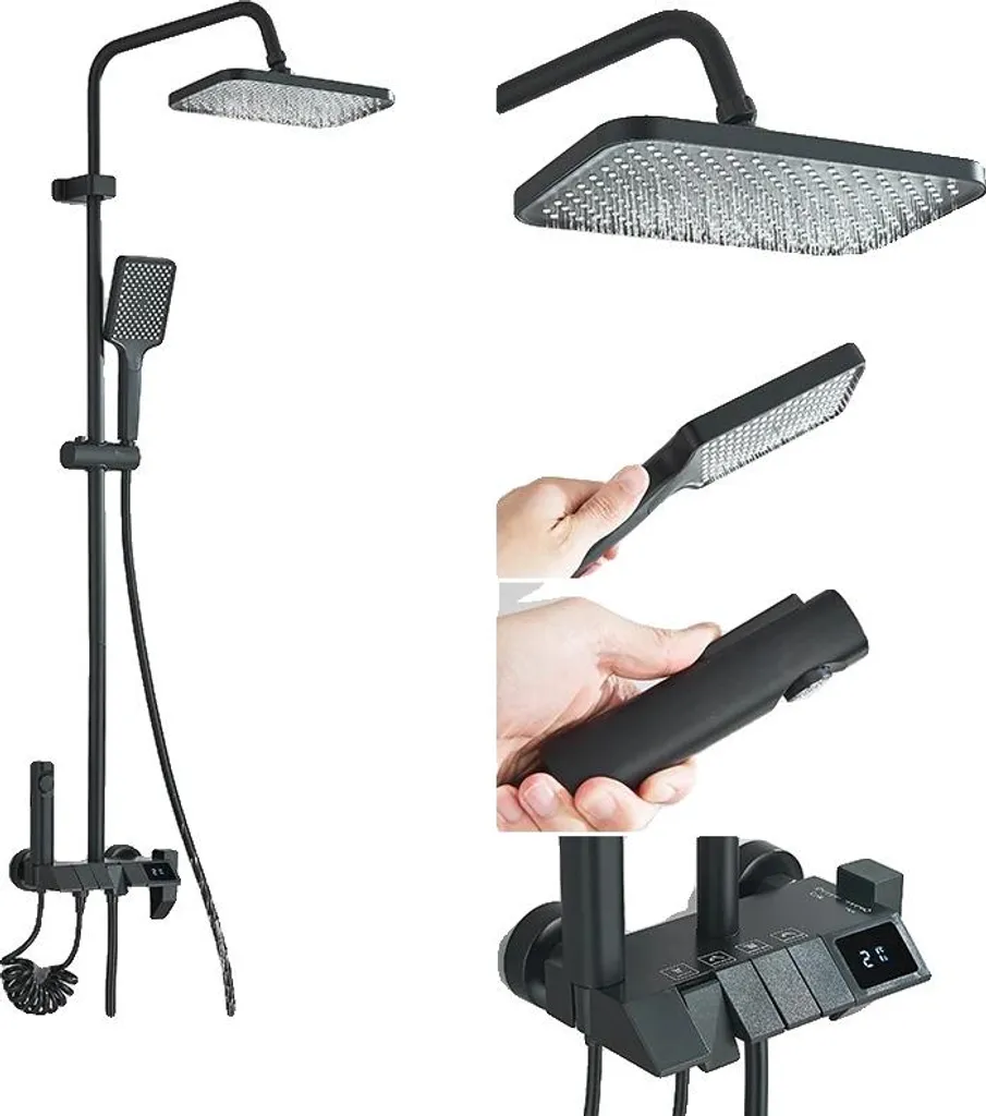 Sistema Doccia Hi-Tech Nero: Display LED Idroelettrico e Soffione Pioggia