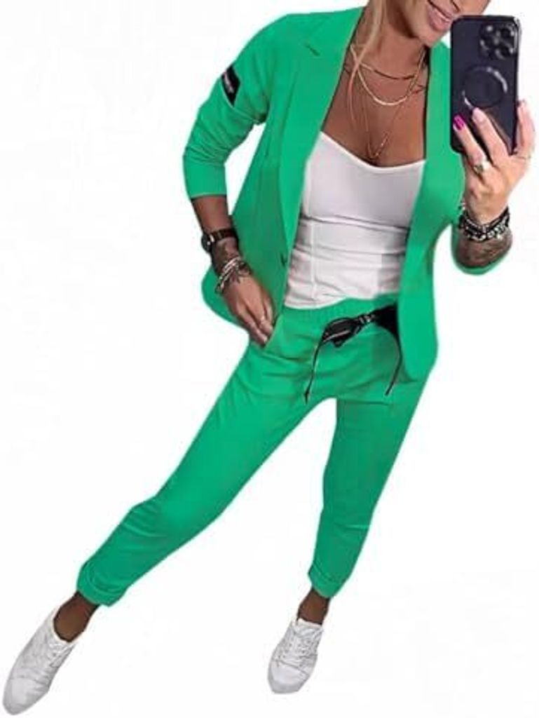 ASKSA Damen Lange aermel Zweiteiler Elegant Business Anzug Set Revers Buero Langarm Anzugjacke Blazer Hose 2-teilig Outfit Streetwear Freizeitanzug...