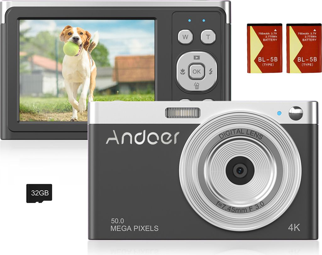 Andoer Kompakte 4K-Digitalkamera, Video-Camcorder, 50 MP, 2,88 Zoll, IPS-Bildschirm, Autofokus, 16-facher Zoom, Anti-Shake-Gesichtserkennung, Smile...