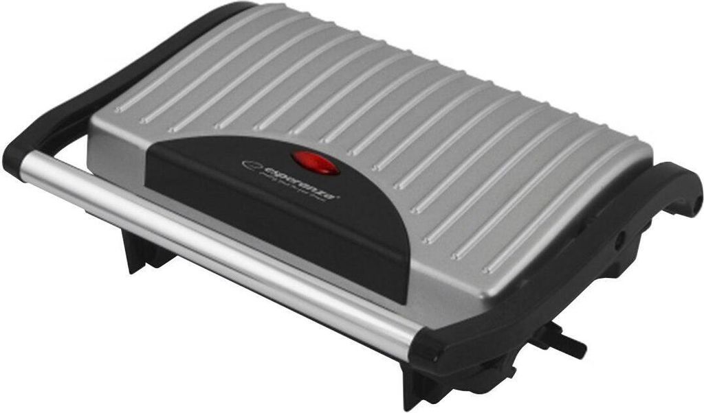 A silver and black contact grill with a red indicator light.