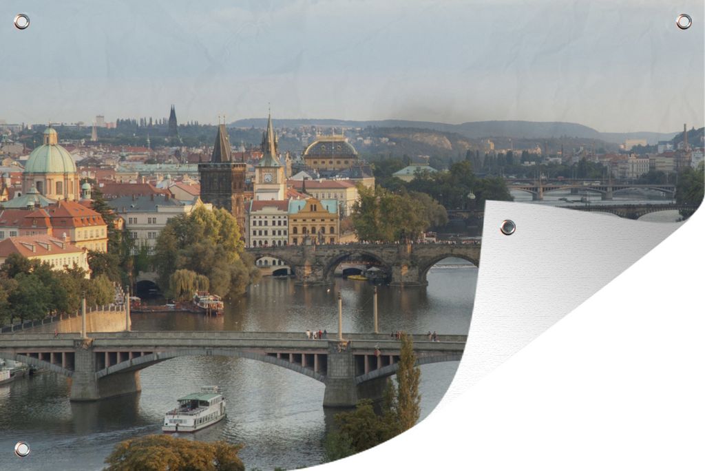 MuchoWow 90x60 cm Outdoor-Poster Gartendeko Sichtschutz Garten Poster für den Garten Boot - Brücke - Prag