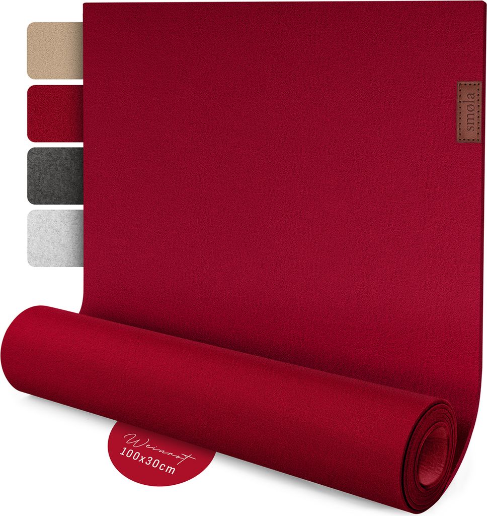 smøla Design Tischläufer Rot aus Filz I 100x30 cm Tischband I Skandinavischer Filzläufer Tisch Abwaschbar mit Leder Label - Tischläufer Winter,...