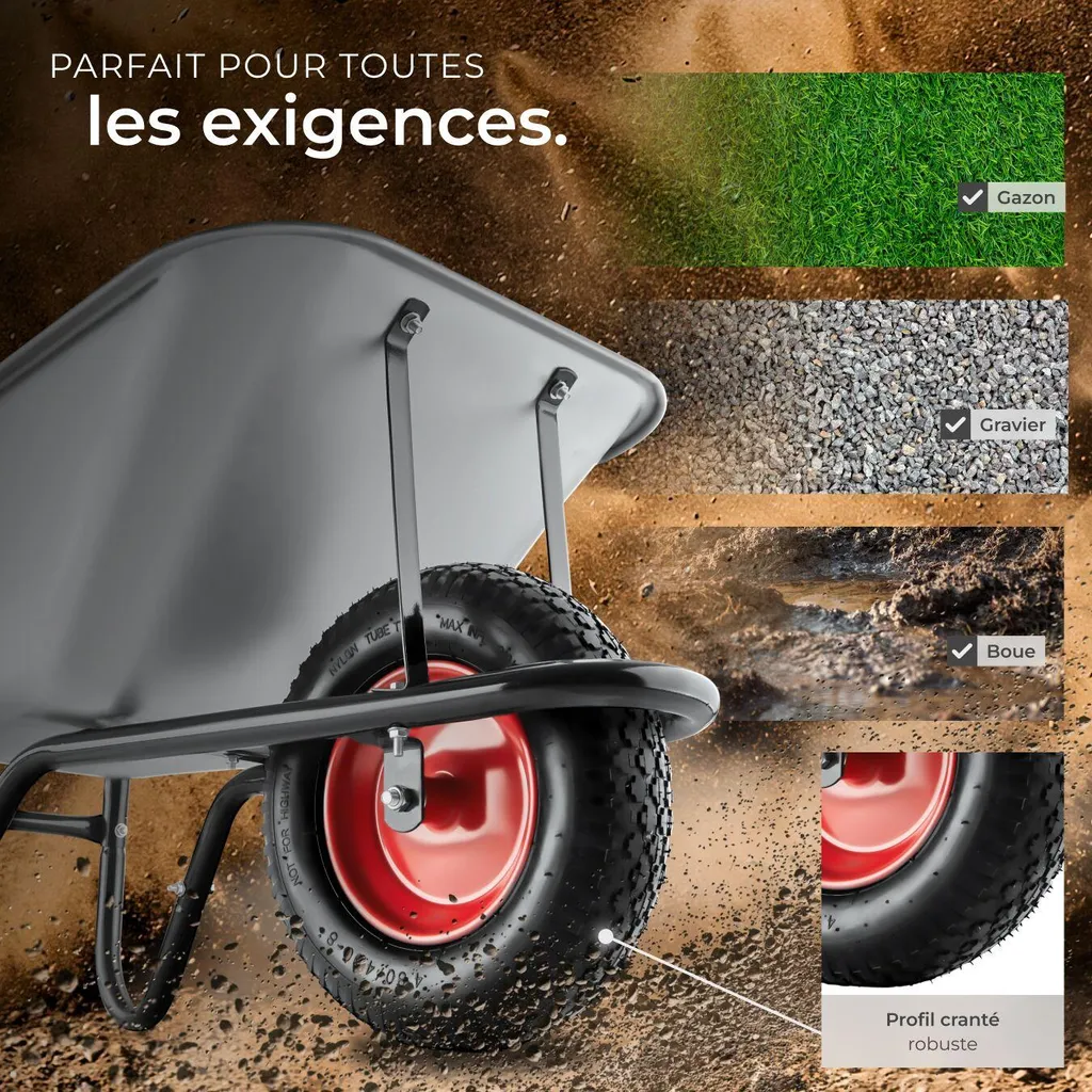 Brouette de jardin Oskar acier robuste roue gonflable finition argent