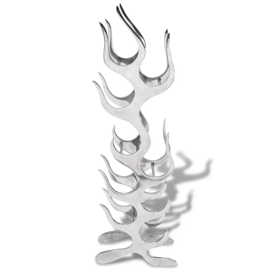 Porte-bouteille design flamme en métal argenté, rangement vin 9 places