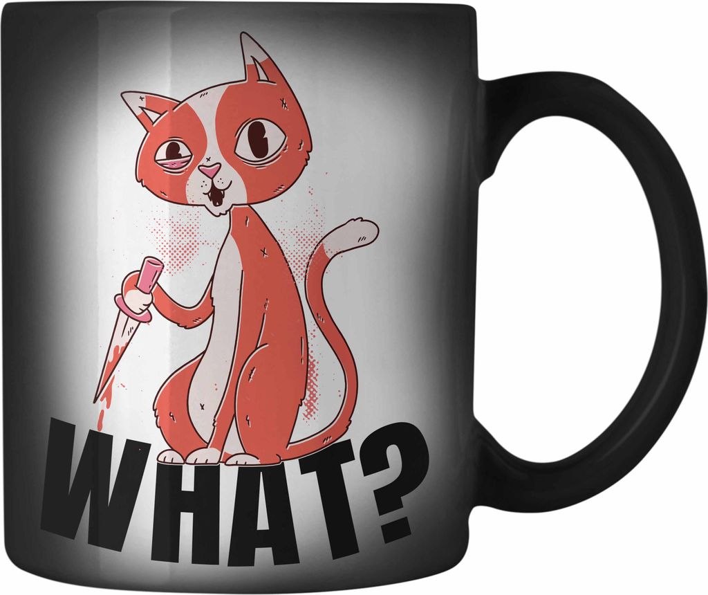 Trendation - What Katze Geschenk Grafik Lustige Katze Farbwechsel Zauber-Tasse (Schwarz)