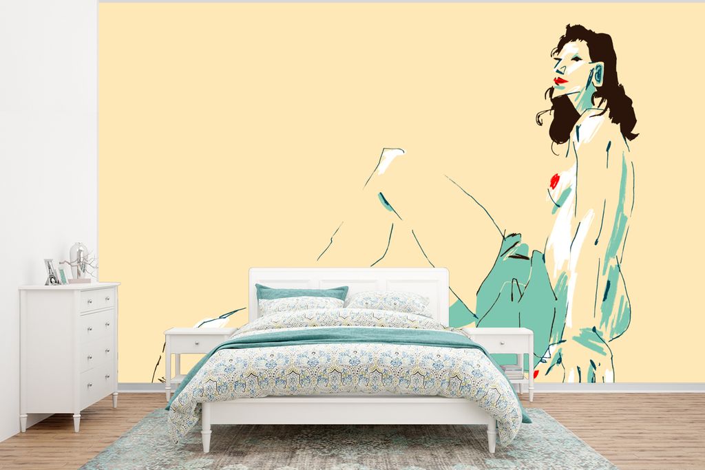 MuchoWow Fototapete für Wohnzimmer oder Schlafzimmer Wandtapete Vinyl Motivtapete Frau - Kunst - Abstrakt - Gelb - 350x260 cm - Wohnzimmer-Tapete