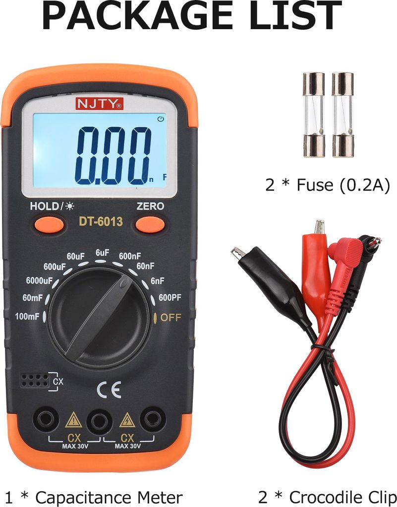 NJTY Digitales Kapazitätsmessgerät mit LCD-Hintergrundbeleuchtung 600pF bis 100mF Hochpräzise 6000 Zählungen Kondensator-Tester-Kit mit Krokodi...
