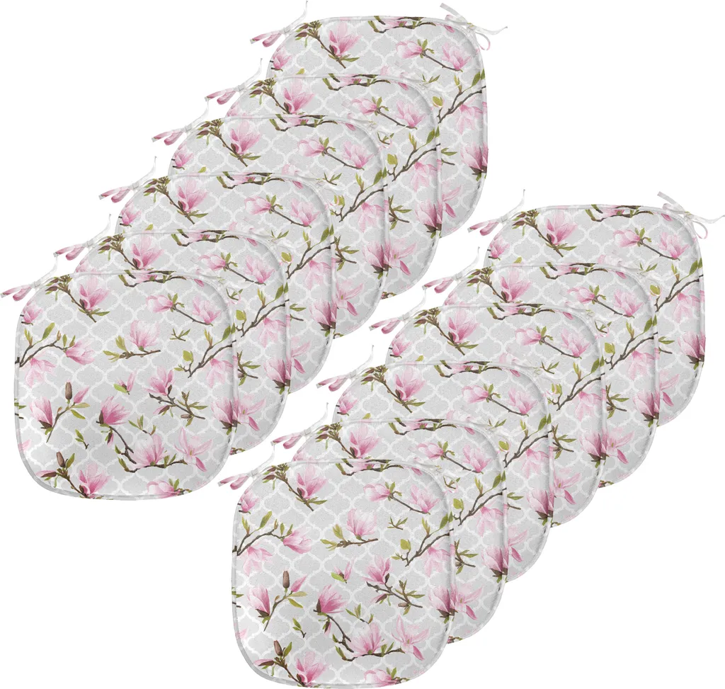 ABAKUHAUS Rivestimenti per sedie da sala da pranzo, motivo fiori di magnolia, cuscini decorativi impermeabili con cinturini per sedie da cucina, 40 cm x 40 cm, confezione da 12, grigio chiaro verde
