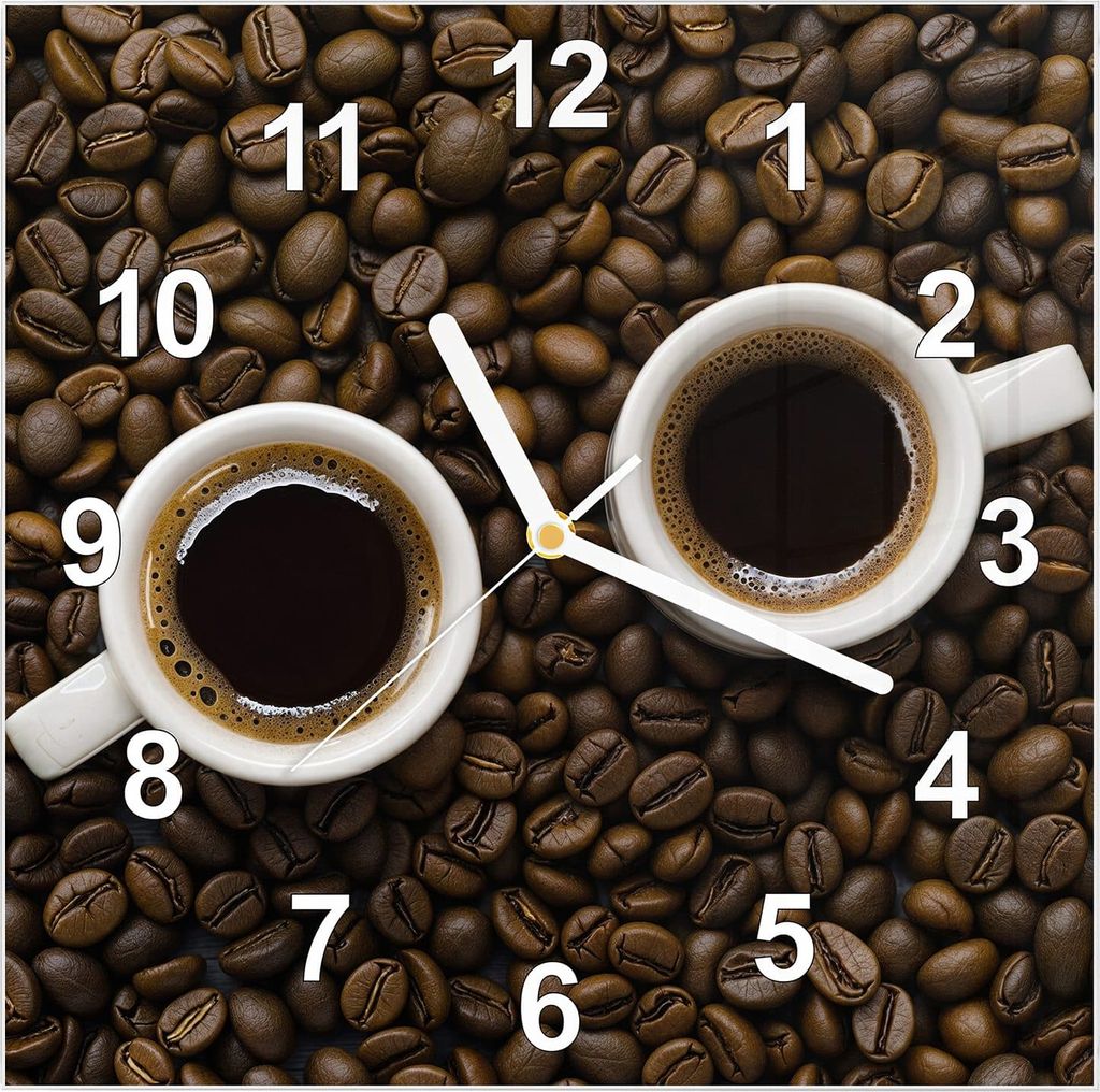 Wanduhr aus Glas mit Motiv Kaffeebohnen und Tassen- 30 x 30 cm - inkl. Aufhängesystem