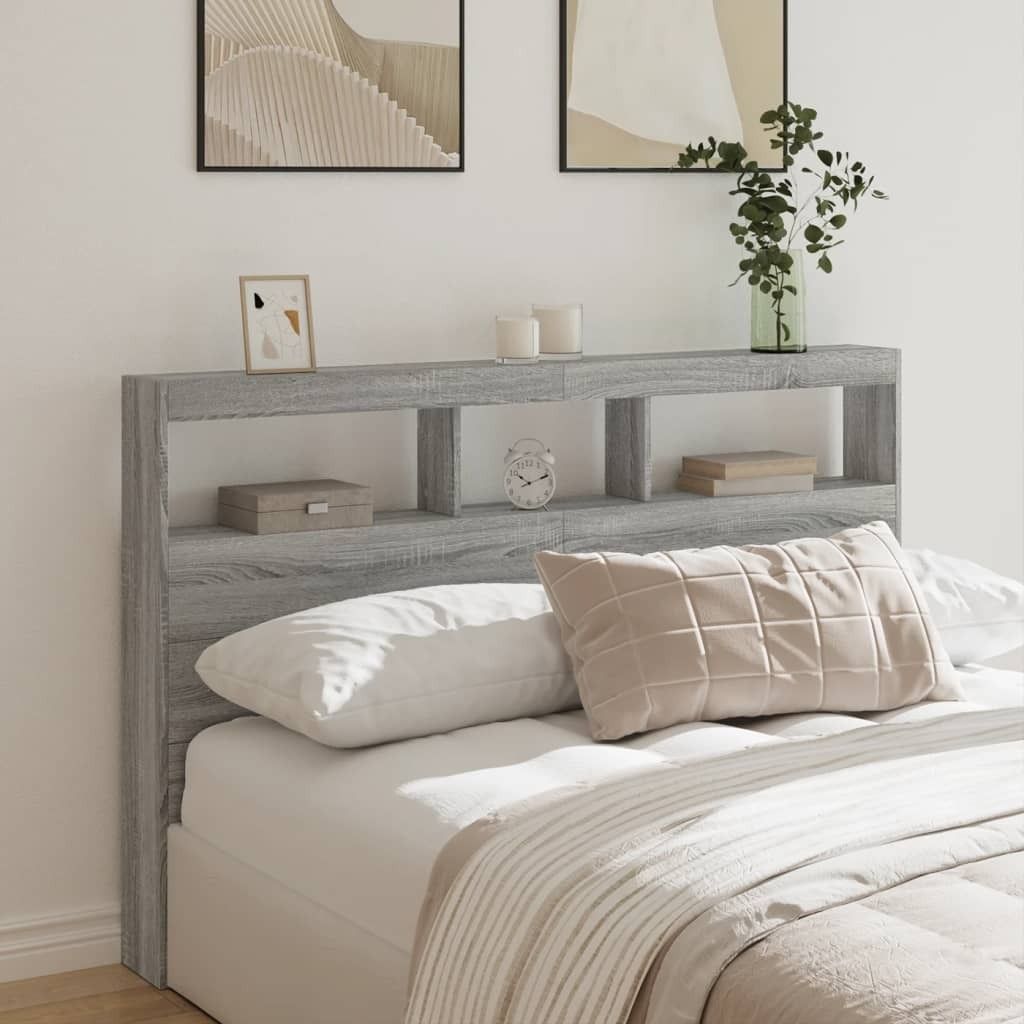 Design LED-Kopfteil mit Ablage Grau Sonoma 160x17x102 cm, Produktbild 