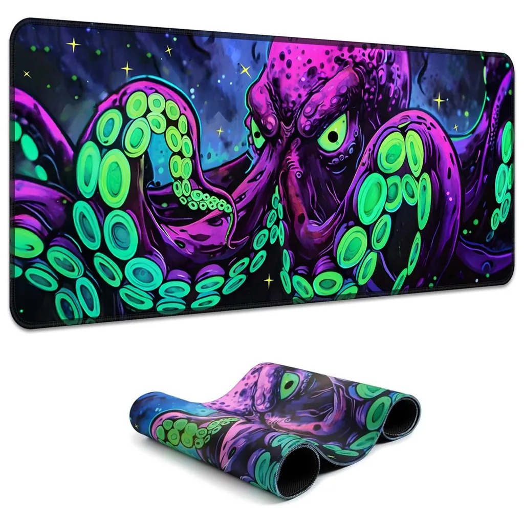 Tapis de souris gaming XXL Pieuvre réactif aux UV et phosphorescent